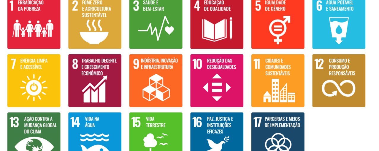 Na imagem, constam os 17 Objetivos do Desenvolvimento Sustentável, impulsionados pela Organização das Nações Unidas.